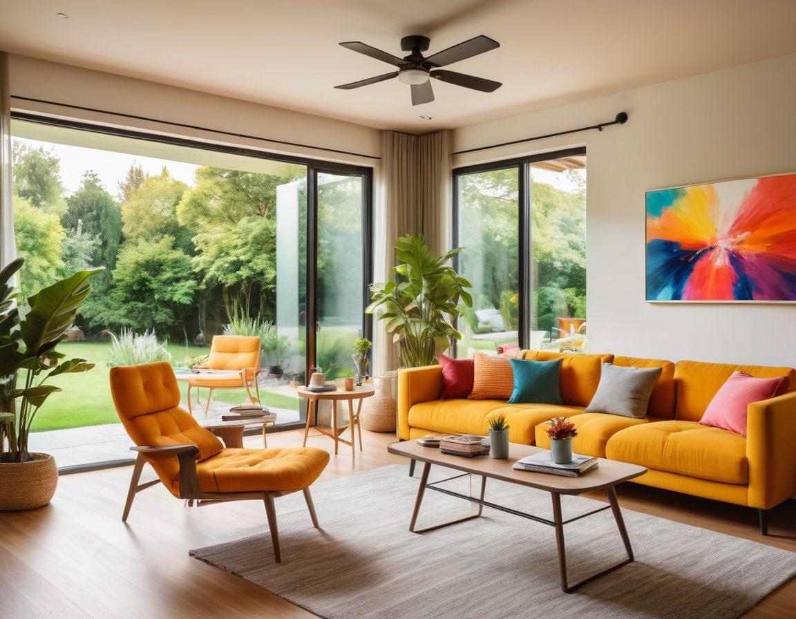 A cozy, modern living room with a panoramic view of a lush garden, symbolizing financial freedom. Include a open laptop displaying financial planning tools and colorful charts on a stylish coffee table. In the background, a smiling family enjoying a peaceful moment together, emphasizing satisfaction in home ownership. Bright, inviting colors to evoke warmth and optimism. super-realistic. vibrant colors. natural lighting.