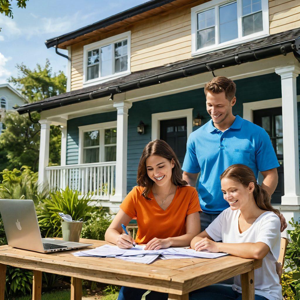 An inviting family home with a bright blue sky and lush greenery, featuring a smiling couple reviewing mortgage documents on their porch. In the foreground, tools like a calculator, laptop, and home finance charts scatter around them, symbolizing financial planning. A golden key hangs in the air, representing home ownership. Soft sunlight bathes the scene, creating a warm, joyful atmosphere. vivid colors. super-realistic.
